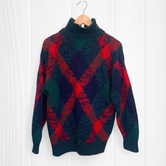 Vintage Tricots St. Raphael Shetland Wool Turtleneck Sweater Red/Green Argyle M - Picture 6 of 7